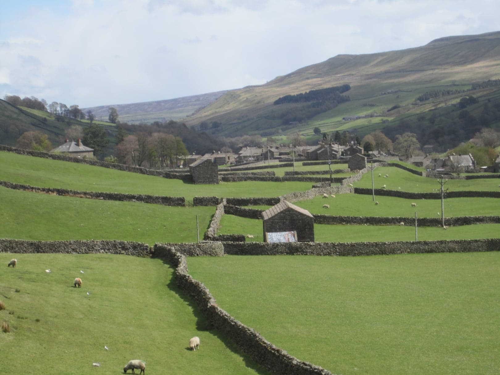 Scenic view of lush green fields with stone walls and distant hills