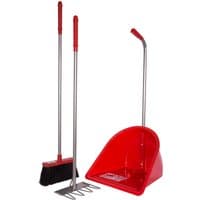 Red Gorilla Tidee Companion Set with red dustpan, rake, and broom, featuring long metal handles and red grips.