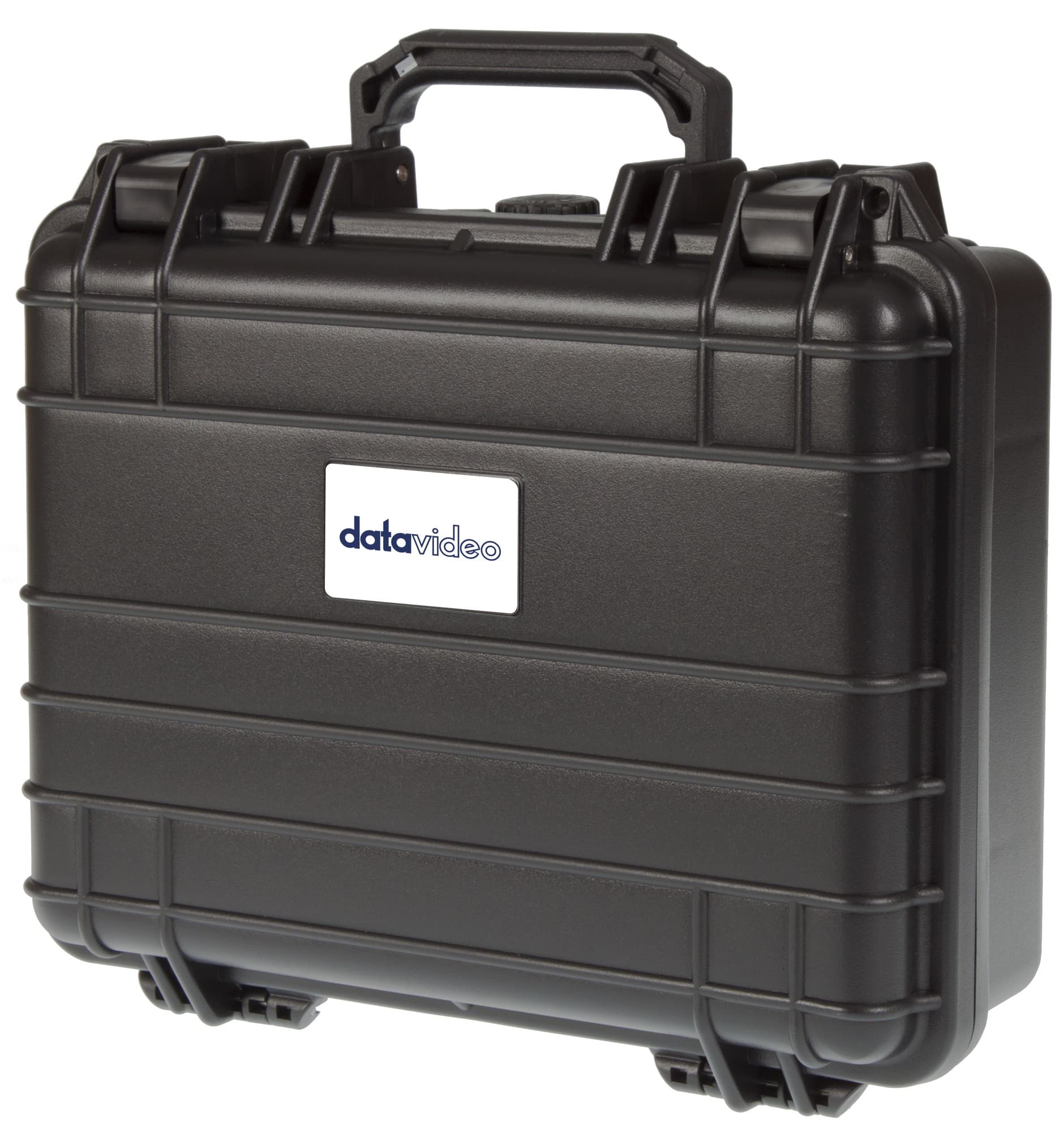 Black hard-shell equipment case with a sturdy handle, featuring a textured surface, secure latches, and a prominent DataVideo logo on the front.