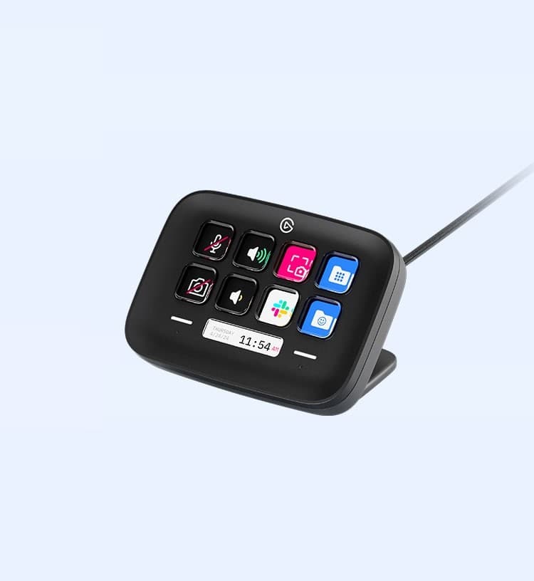 Customizable black USB task controller featuring eight tactile keys with vibrant icons, a digital display, and a sleek, angled design for easy access.