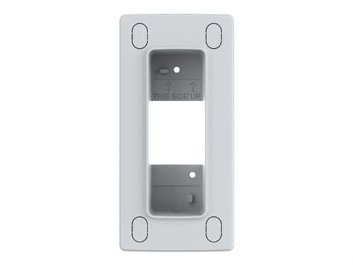 Gray surface mount box with a rectangular opening, four mounting holes, and "THIS SIDE UP" text on the interior, designed for secure installation of AXIS devices.