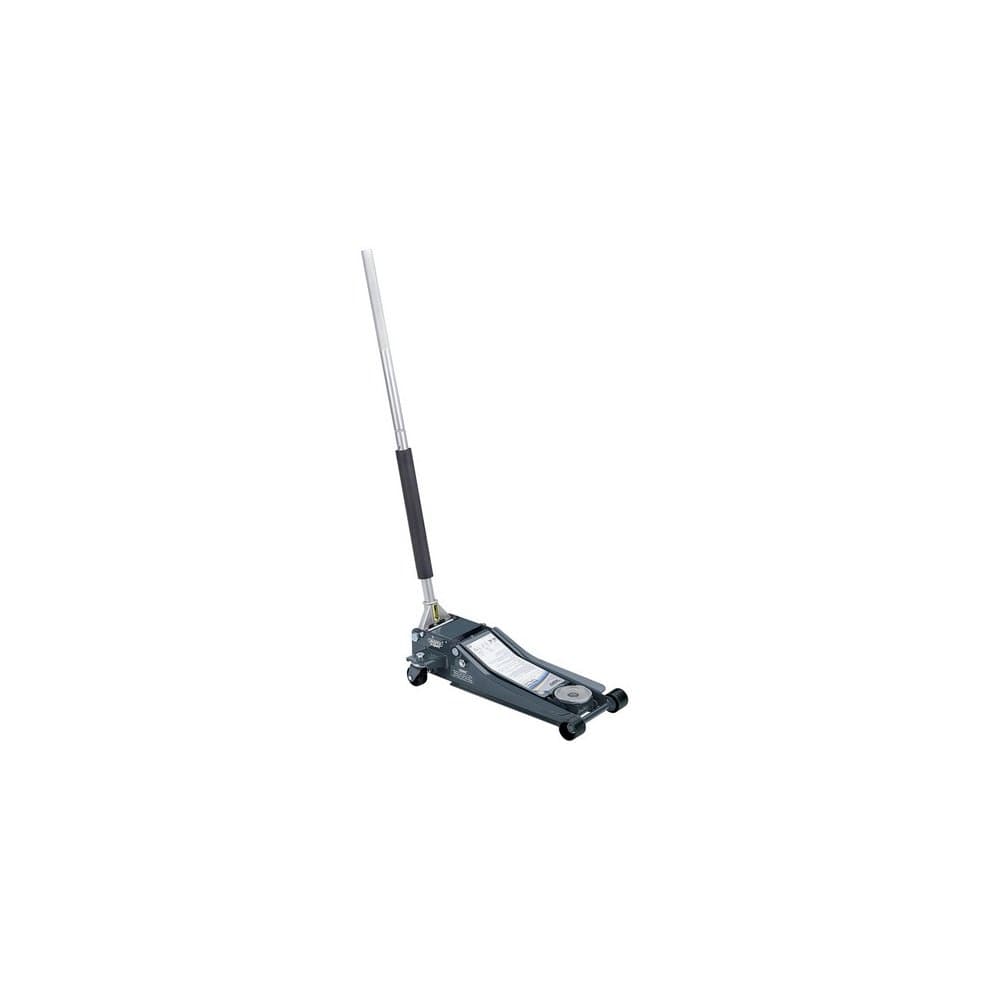 Draper Expert 31481 professional garage trolley jack in grey with a sturdy metal frame, rubber wheels, and a long handle for easy lifting up to 2 tonnes.