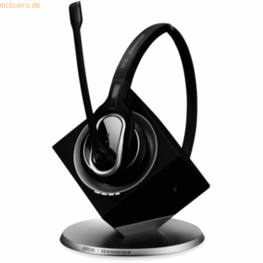 Black wireless headset with a sleek design, featuring a flexible microphone and a stylish charging base, ideal for professional use in office environments.