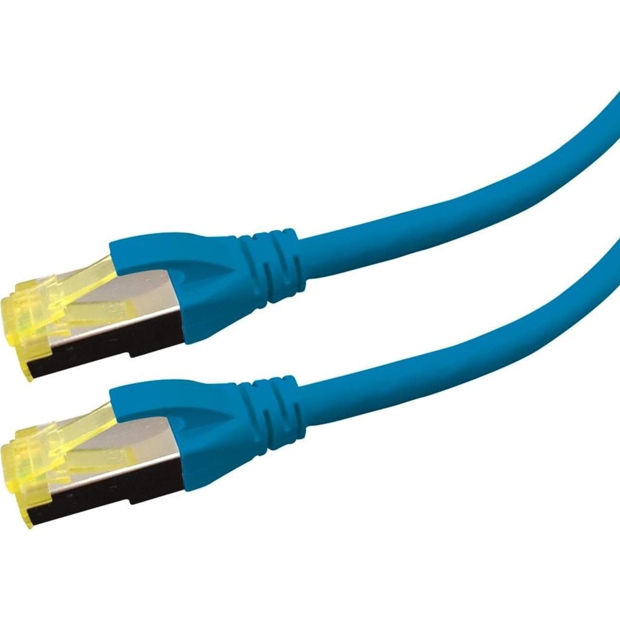 Blue Ethernet cable with yellow connectors, featuring a flexible design suitable for high-speed networking applications.