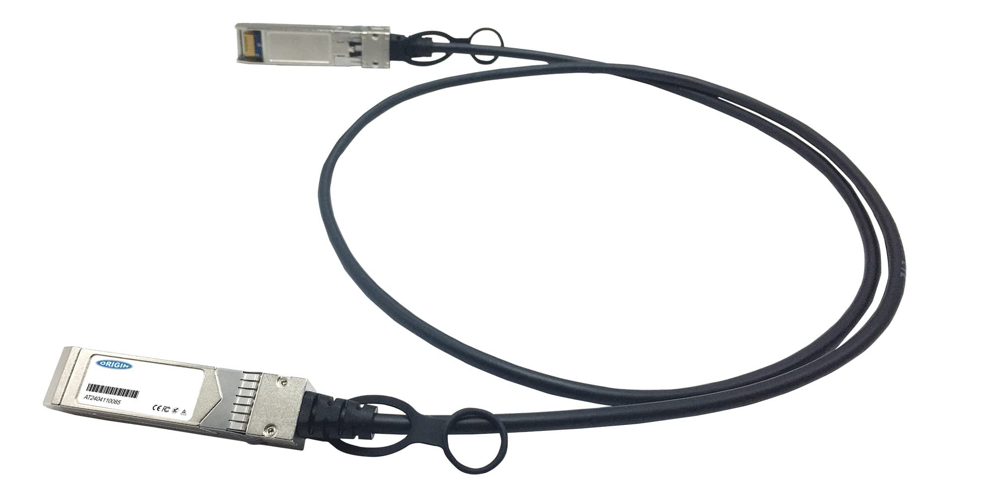 Black direct attach cable with two metal SFP+ connectors, featuring a silver casing and labeled with a barcode, designed for 10G connectivity, compatible with Alcatel Lucent.