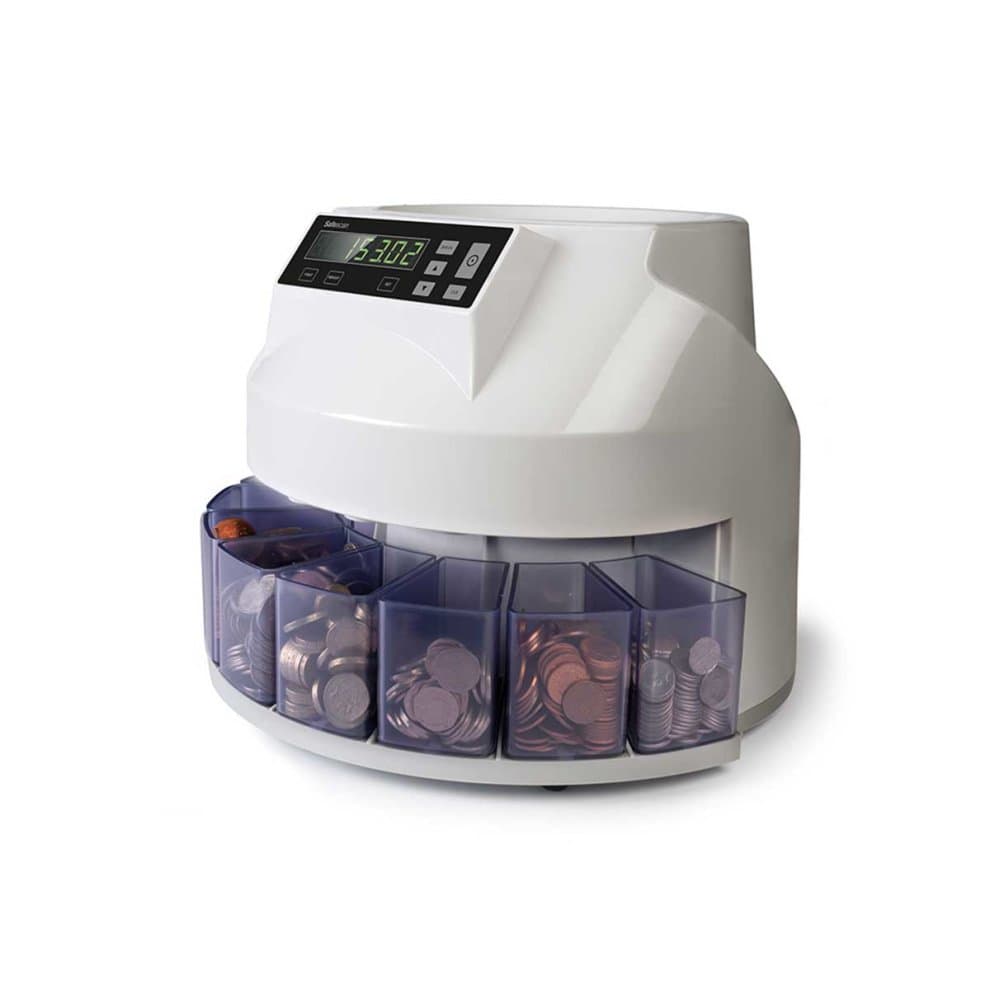 White mixed coin counter and sorter with a digital display, featuring multiple transparent coin trays for sorting various denominations.