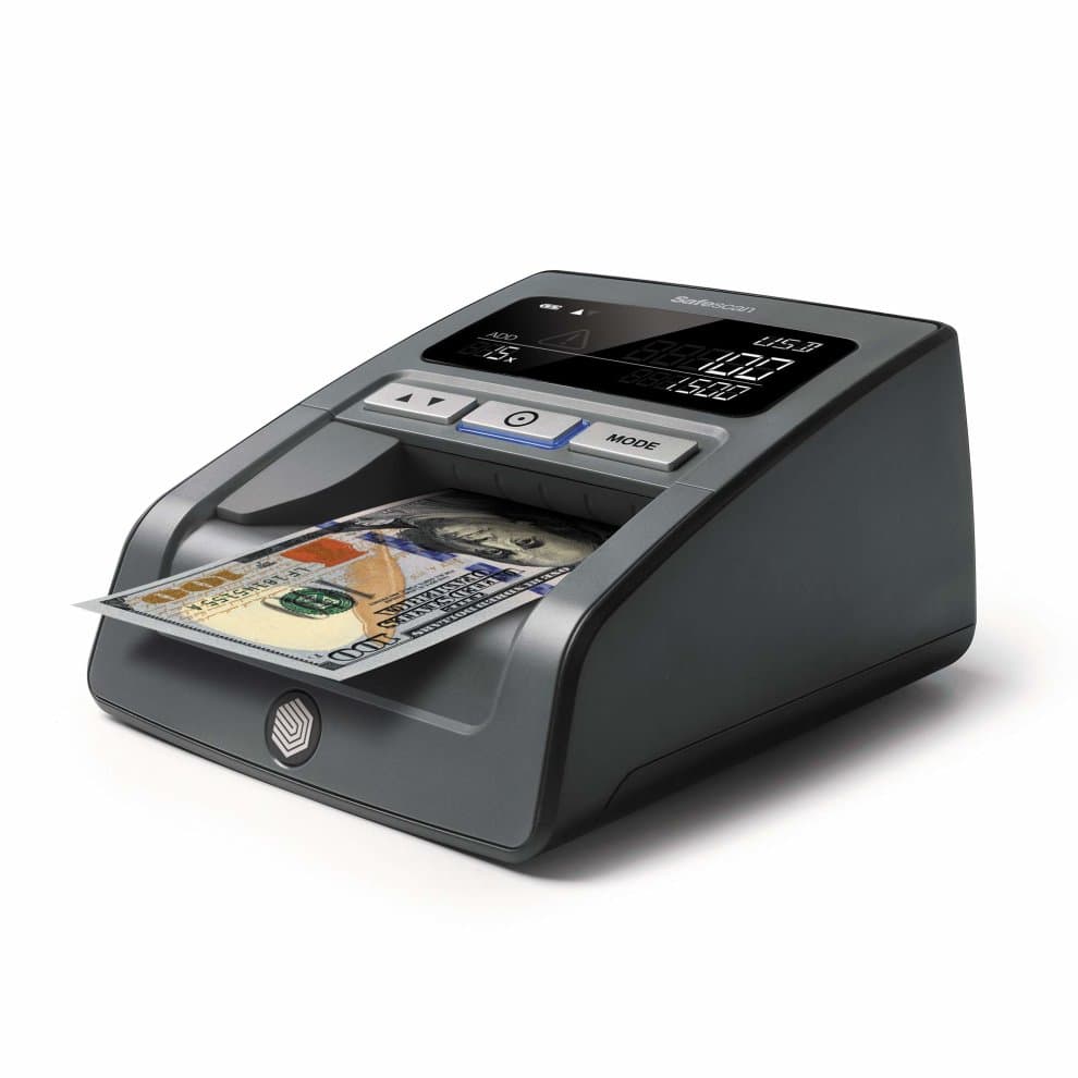 Safescan 185-S counterfeit detector in gray, featuring a digital display, control buttons, and a slot for banknotes, highlighting its 7-point detection capabilities.