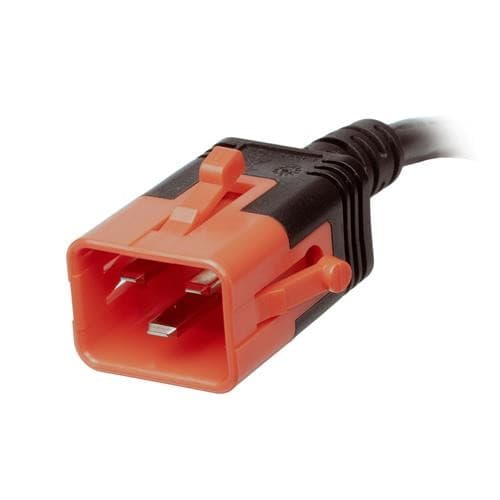 Black PVC cable with a 1M length, featuring a C20-C19 connector, orange locking mechanism, and 1.5MM thickness, designed for secure electrical connections.