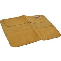 Tan leather tool roll with eight pockets, branded Faithfull, for chisels and small tools.