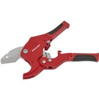 Red Sealey PC41 plastic pipe cutter with quick release, black grip handles, and sharp silver blade.