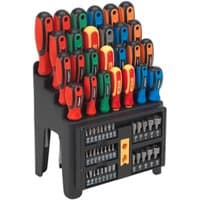Siegen 61 Piece Screwdriver Bit and Nut Driver Set with colorful handles in a black stand, includes various bit sizes.