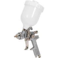 Siegen S641G spray gun with white gravity feed cup, metallic body, and ergonomic handle.