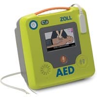Zoll AED 3 Fully Automatic Defibrillator, bright green with LCD screen, orange handle, and electrode cable.