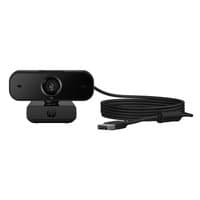 Black HP 435 FHD Webcam with wide lens, built-in microphone, and USB cable attached.