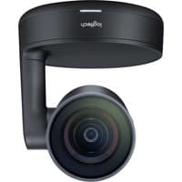 Black Logitech Rally Camera with a sleek cylindrical lens, mounted on a curved arm and circular base.