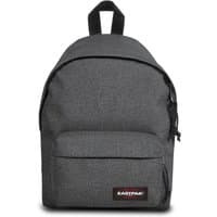 Black denim Eastpak Orbit small backpack with front pocket and top handle, dimensions 35.5x23x15 cm.