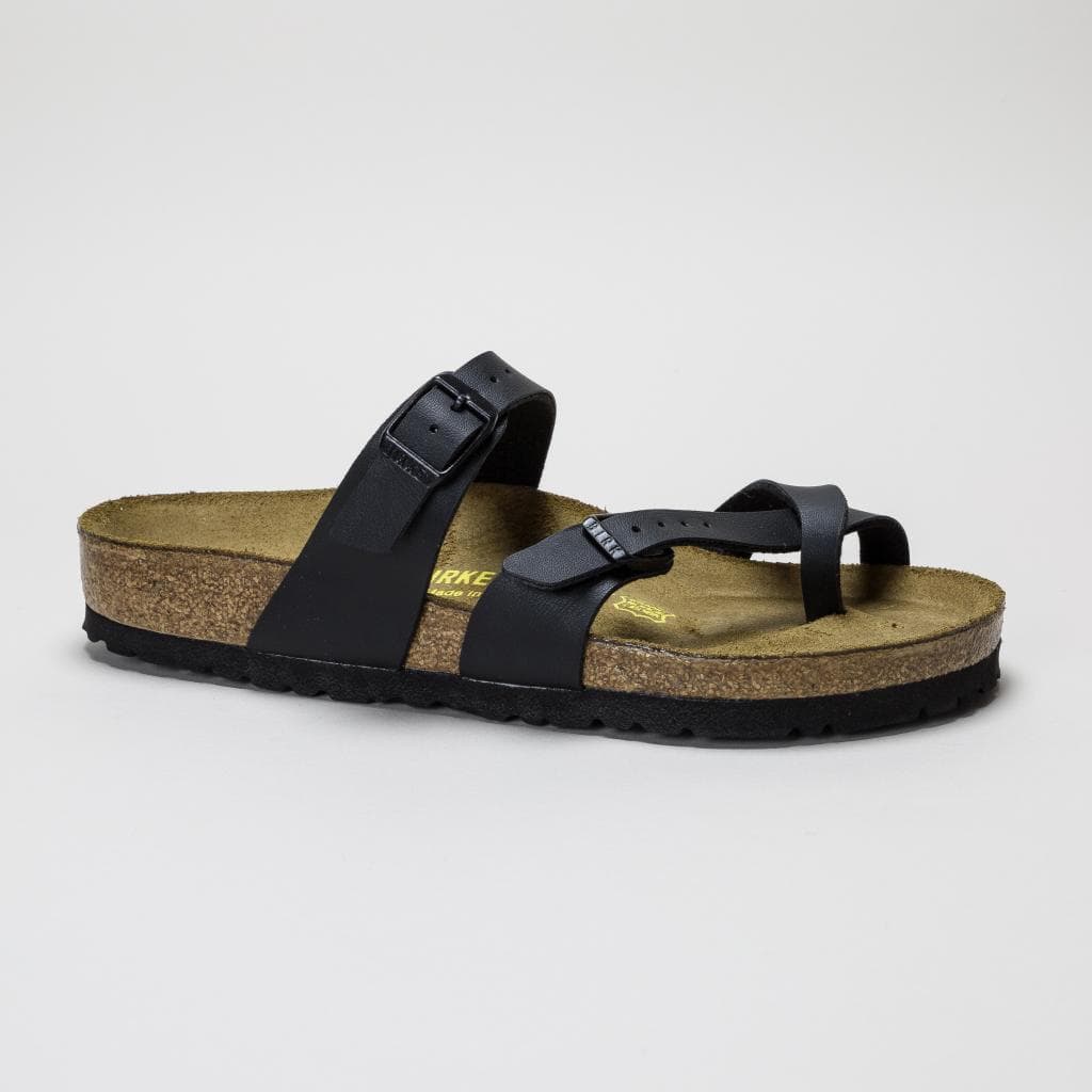 Black Birkenstock Mayari sandals featuring a Birko-Flor upper, two adjustable straps, a cork footbed, and a textured rubber sole, size 3.5.