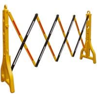 Yellow and black Sealey folding barrier with extendable plastic accordion design and red reflective strips.