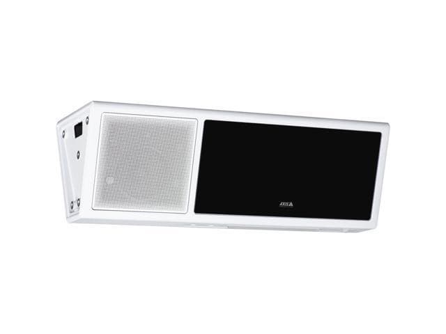 White rectangular speaker with a black front panel, featuring a metal grille on one side and control ports on the back, designed for high-quality audio output.