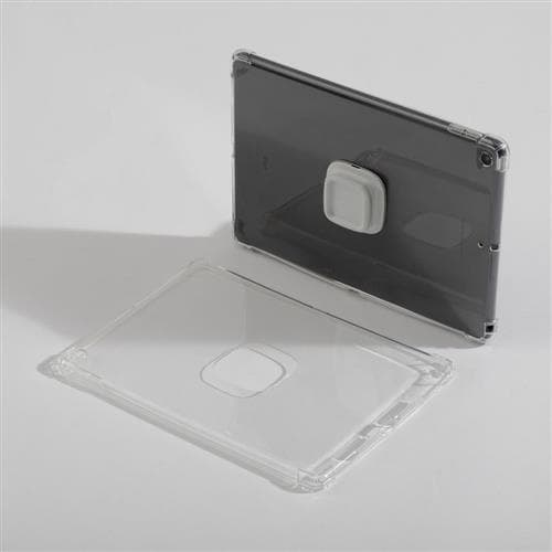 Clear and dark gray Bouncepad Click Clear Case designed for Apple iPad Pro 11" (1st, 2nd, and 3rd Gen), featuring a sleek, protective design with a central mounting area.