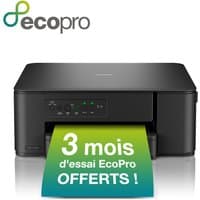 Black Brother 3-in-1 compact wireless inkjet printer with control panel and green paper displaying promotional text.