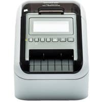 Brother QL-820NWBC label printer, white and black, LCD screen, multiple buttons, wired and wireless connectivity.