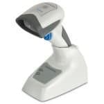 Datalogic BC2030-BK-BT barcode reader in white and gray, featuring a curved handle, blue button, and a base for charging or storage.