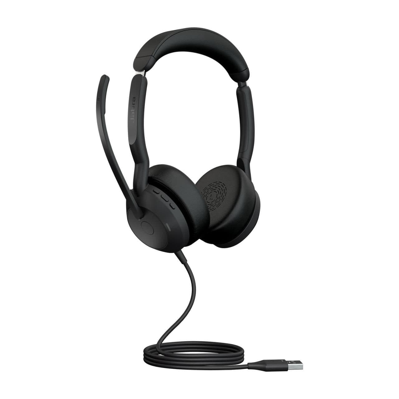 Black corded headset with over-ear cushions, adjustable headband, and a flexible boom microphone, featuring a USB-A connector for connectivity.