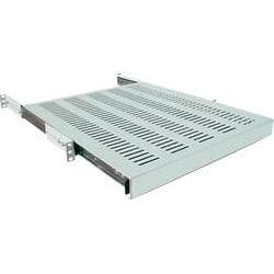 Silver metal rack accessory with a perforated surface for ventilation, designed for mounting in server racks, featuring slide-out rails for easy access.