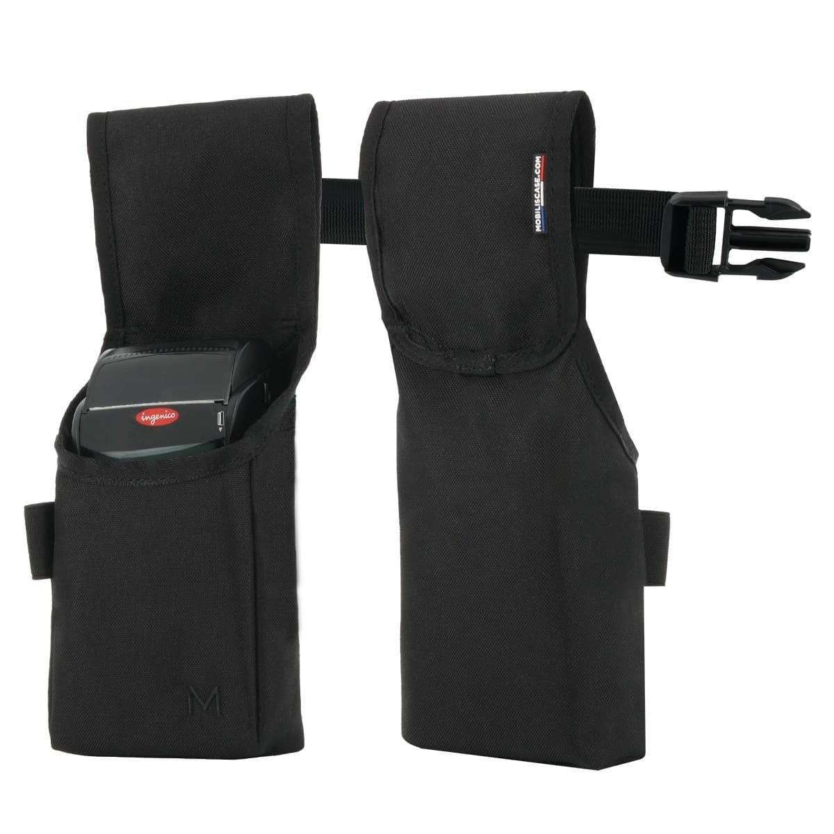 Black fabric holster designed for barcode readers, featuring a secure buckle, two compartments, and a logo on the front, ideal for easy access and portability.