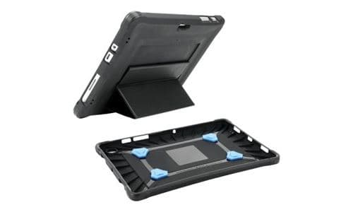 Black Mobilis tablet case for 10.5" devices, featuring a durable material, textured grip, and a built-in stand for adjustable viewing angles.