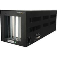 Black StarTech.com PCIe expansion enclosure with two PCI and two PCIe slots, vented sides, and front panel ports.