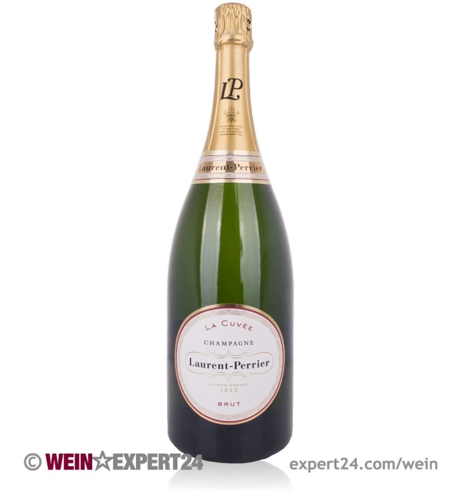 A large magnum bottle of Laurent-Perrier La Cuvée Brut NV Champagne, featuring a green glass body, gold foil cap, and a white label with red and black text.