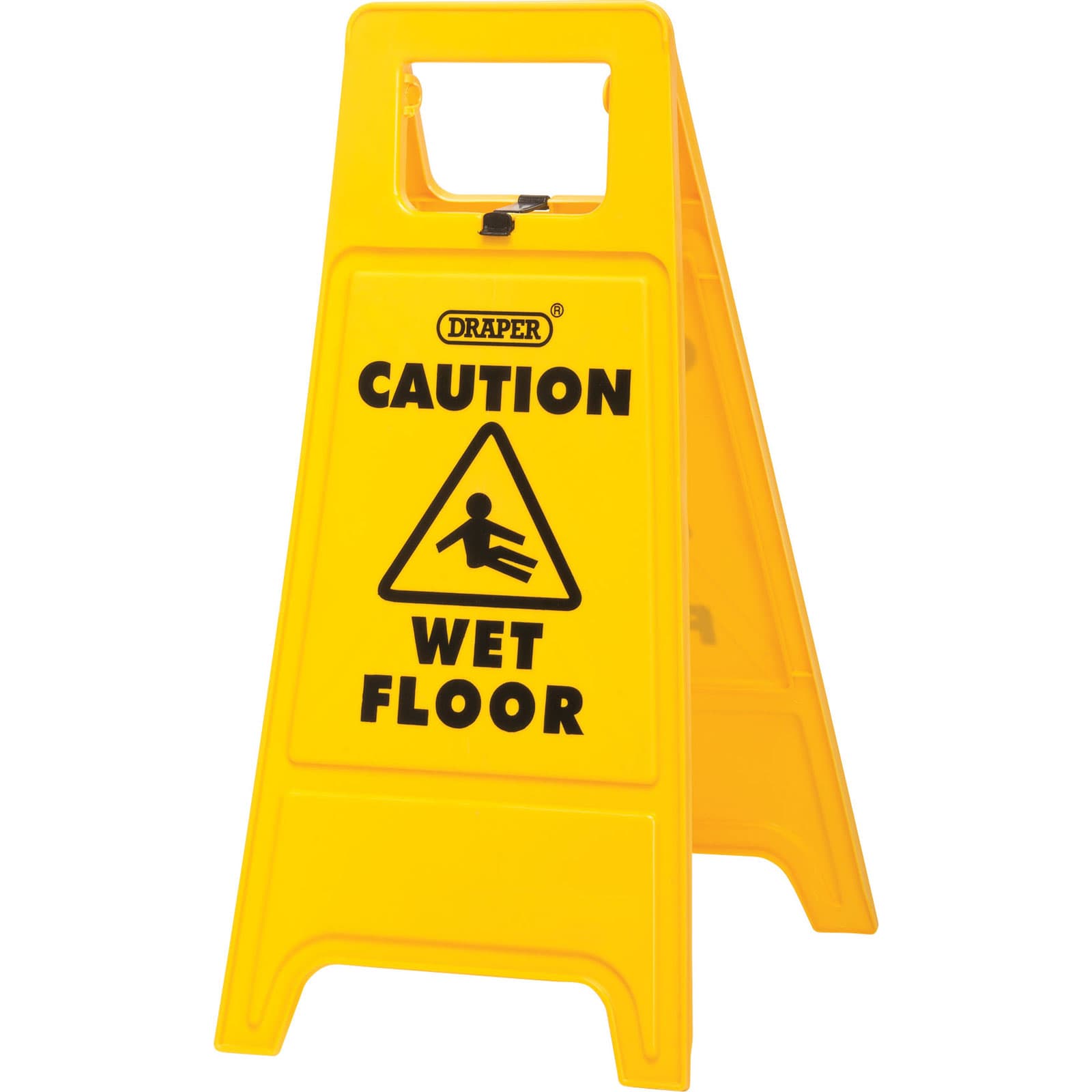 Bright yellow plastic A-frame sign with black text reading "CAUTION" and "WET FLOOR," featuring a warning symbol of a person slipping.