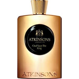 Gold-toned bottle with a textured, gold cap, featuring a black circular label that reads "Atkinsons Oud Save the King" in elegant font, 3.3 oz Eau De Parfum.