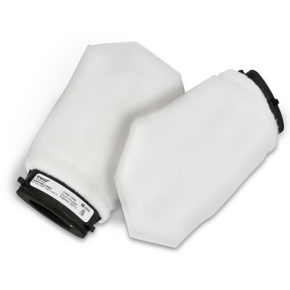 Two white filter packs with a hexagonal shape and black plastic connectors, designed for the Trend AIR/P/1 THP2 model, showcasing a soft, breathable material.